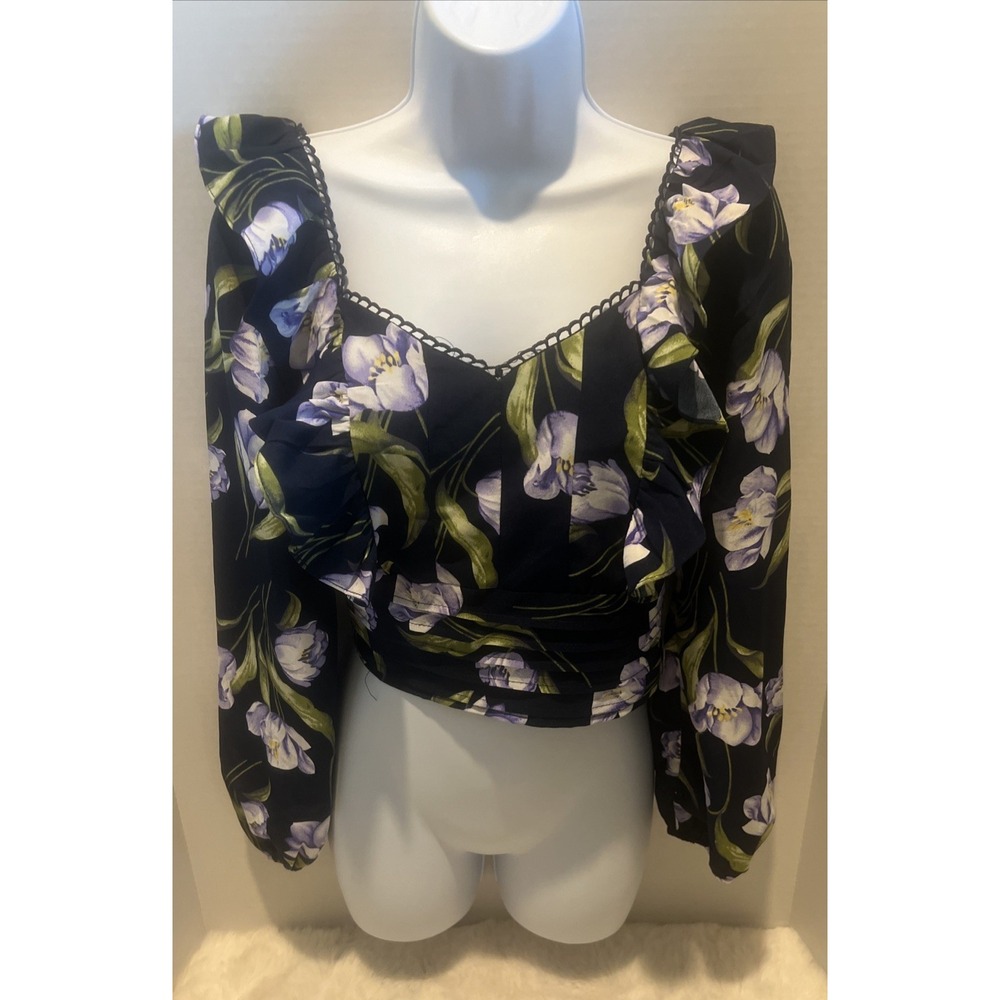 Milk and Honey Blue Floral Long Sleeve Top Women's Small Sexy danty